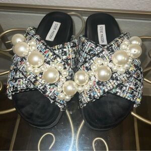 Steve Madden Aleya Flat Pearl Embellished Woven Sandals Sz 7.5